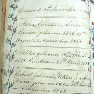 LEROUX Jacobus Johannis 1833-1883 en Christena Susara, gebore 1838, getroud 1855