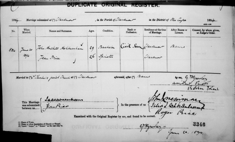 Marriage of John Anchitel ASHBURNHAM to Jean PRICE, in 1894
