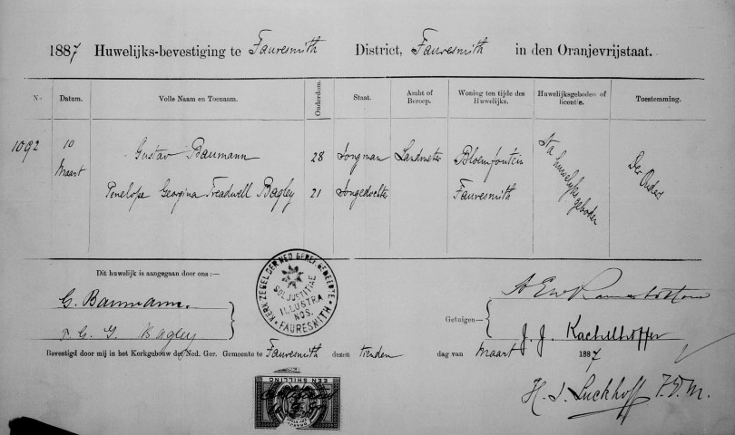 Marriage of Gustav BAUMANN to Penelope Georgina Treadwell BAGLEY in 1887