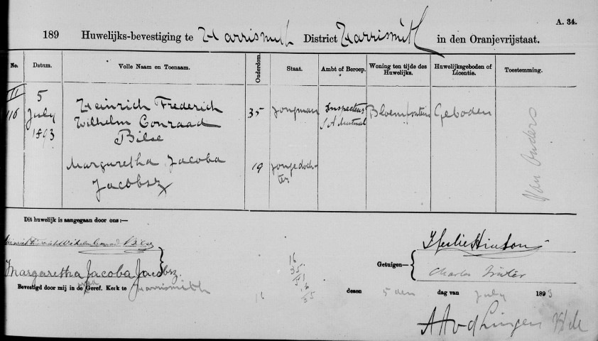 Marriage of Wilhelm BILSE to Margaretha Jacoba JACOBSZ in 1893