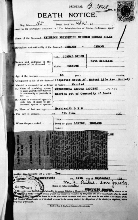 Death notice of Wilhelm BILSE in 1911