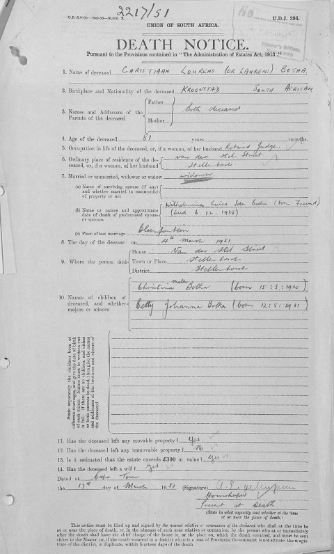 Death notice of Christiaan Laurens BOTHA