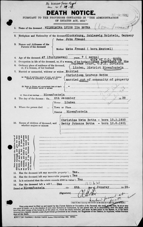 Death notice of Wilhelmina Luise Ida BOTHA (neé FREUND)