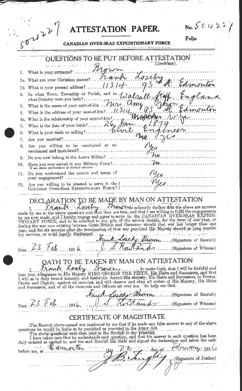 Frank Loseby BROWN attestation papers in the Canadian Force