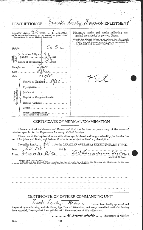 Frank Loseby BROWN attestation papers in the Canadian Force