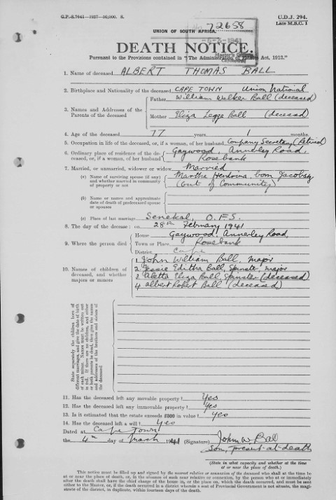 Death notice of Albert Thomas BALL in 1941