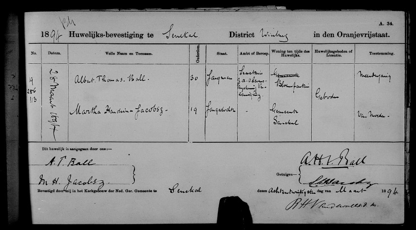 Marriage of Albert Thomas BALL to Martha Hendrina JACOBSZ in 1894